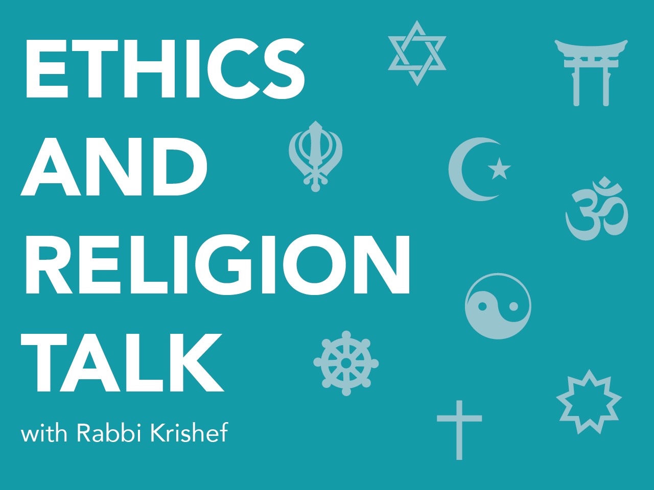 "Ethics and Religion Talk" Logo written in white on teal background with various religious symbols